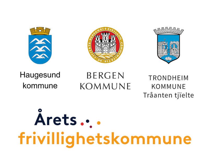Kommunevåpen til Haugesund, Bergen og Trondheim kommune med teksten Årets Frivillighetskommune.