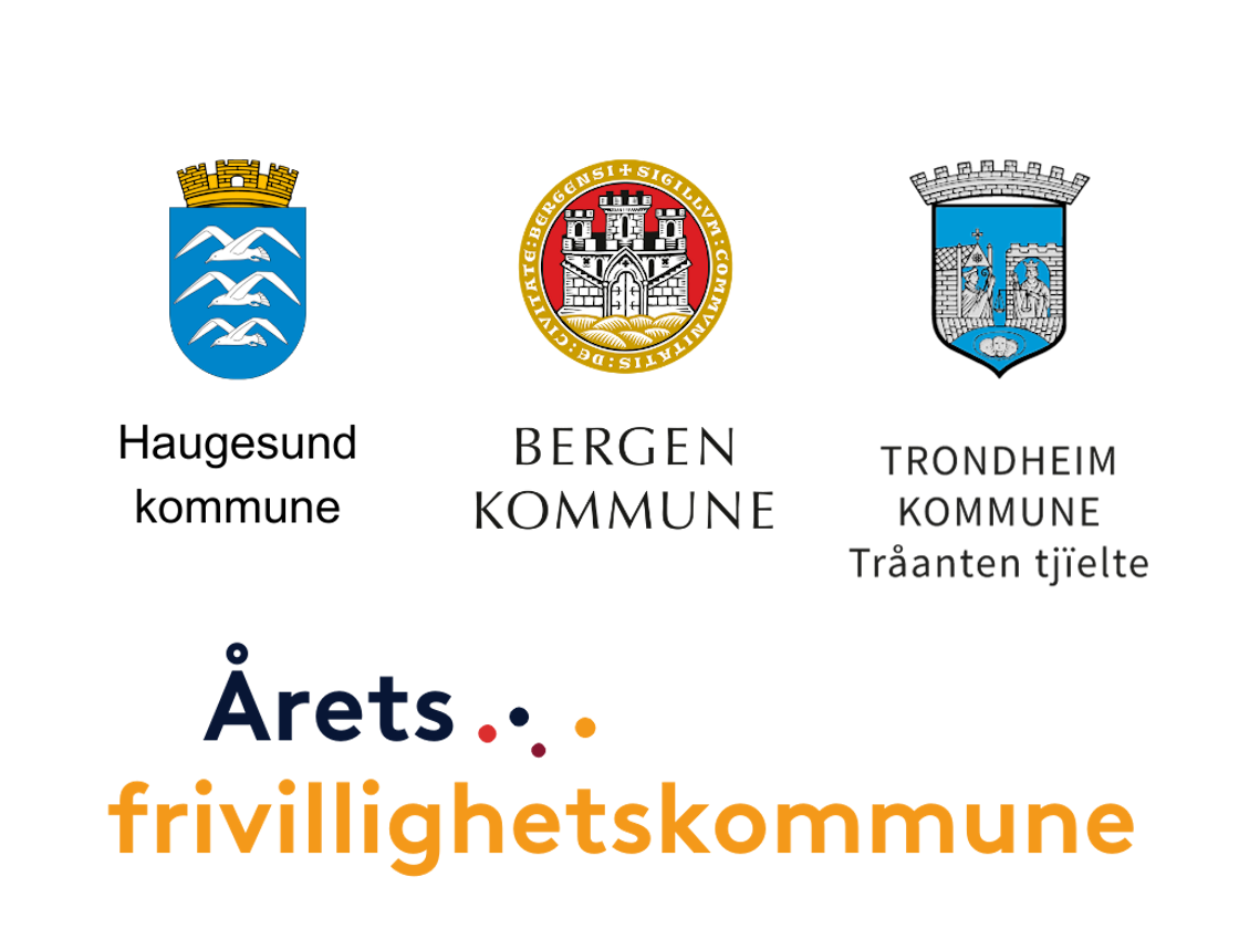 Kommunevåpen til Haugesund, Bergen og Trondheim kommune med teksten Årets Frivillighetskommune.