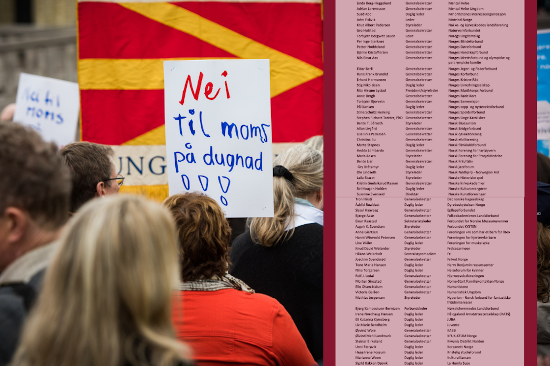 Demonstrasjon med bakhoder og et skilt med teksten "nei til moms på dugnad"