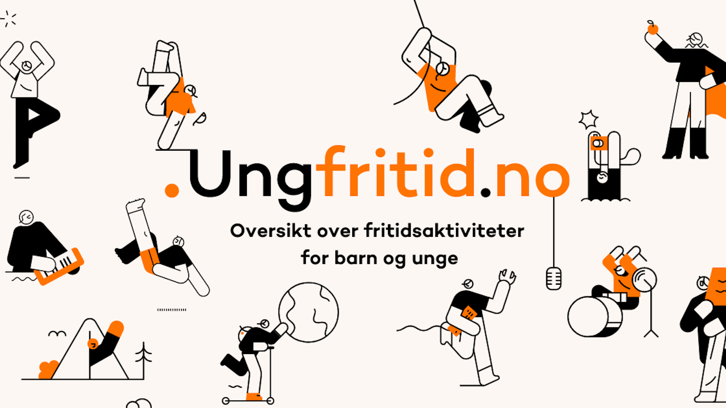 Ungfritid.no logo med flere figurer rundt. figurene gjør ulike aktiviteter