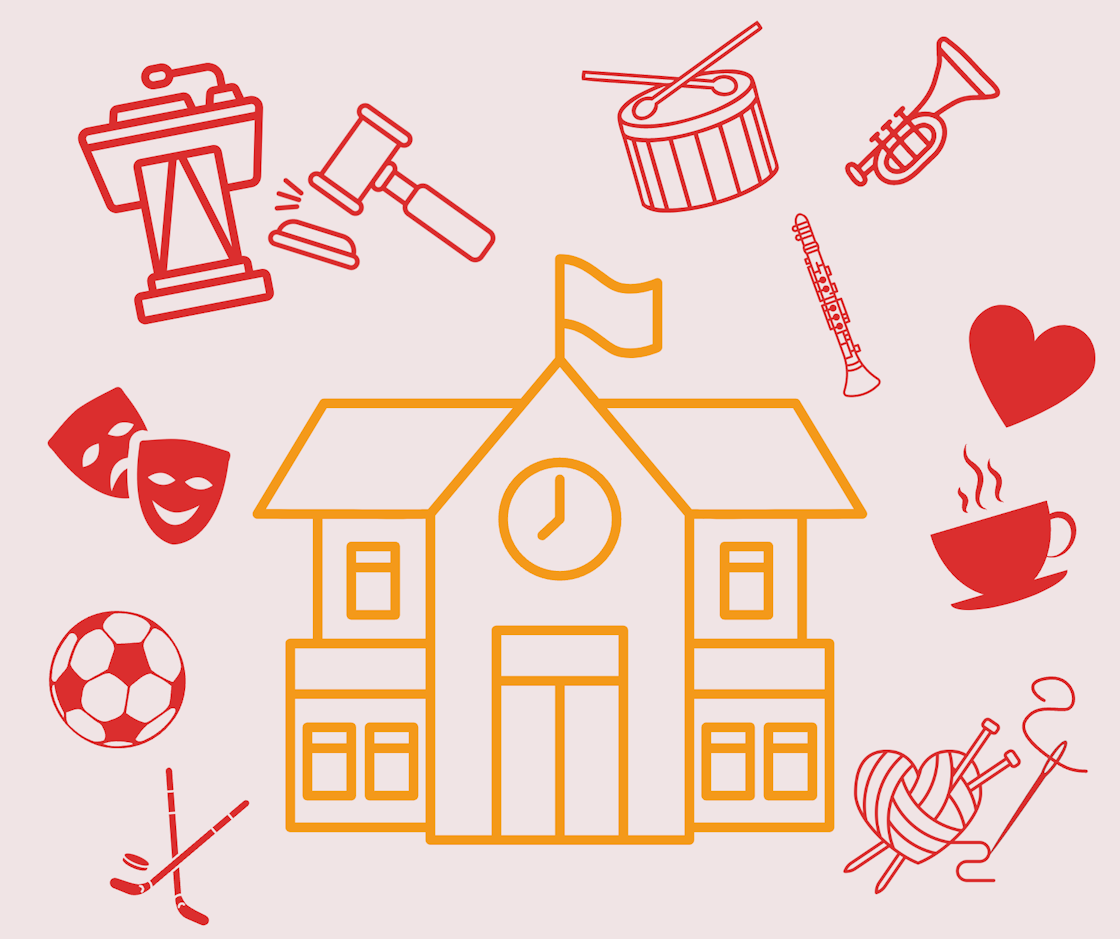 Illustrasjon av skole med symboler på aktiviteter rundt som instrumenter, fotball, kaffekopp o.l.