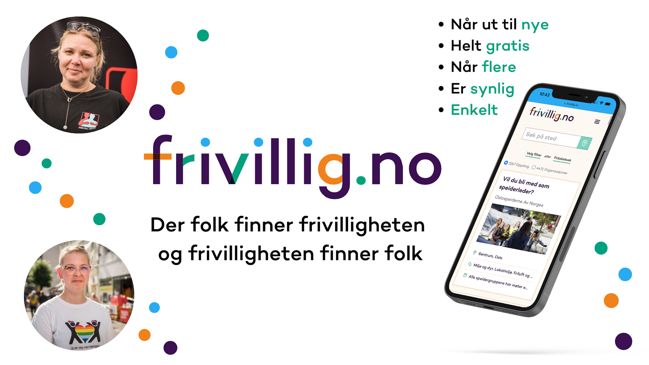 Bilde av frivillige og en telefon med nettsiden "Frivillig.no" oppe