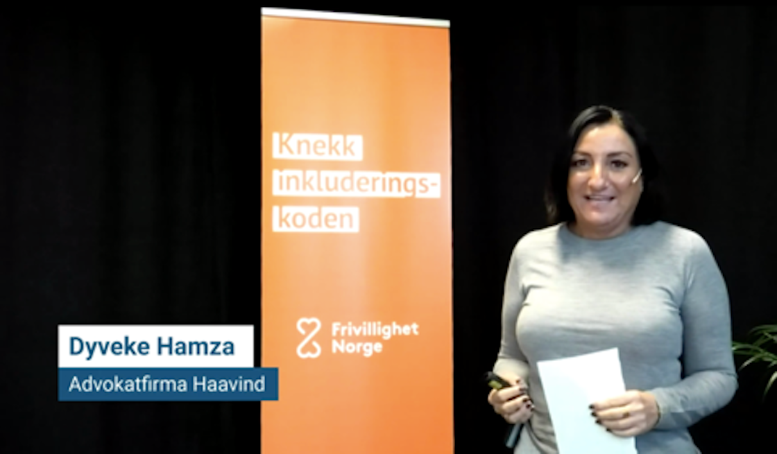 Dyveke Hamza fra Advokatfirmaet Haavind holder innlegg på Inkludering på topp 27.10.2020