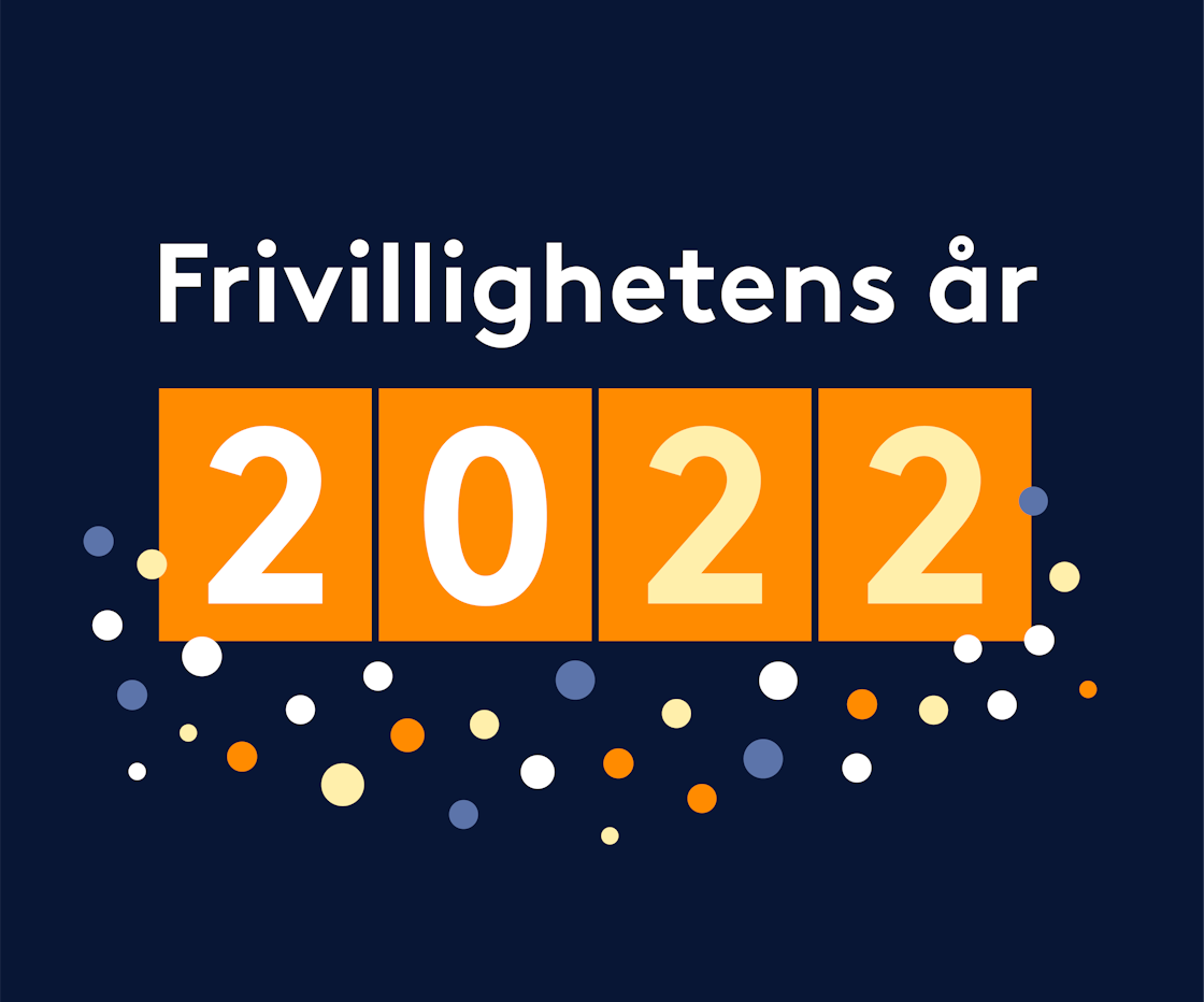 Logo: Frivillighetens år 2022 står i store bokstaver omgitt av bobler/konfetti/fyrverkeri