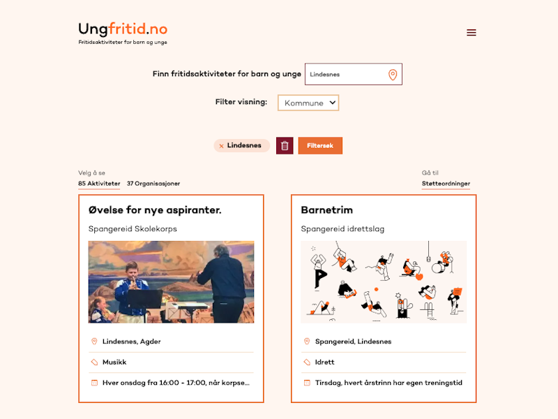 En nettside med oransje bakgrunn og ulike fritidsaktiviteter i Lindesnes kommune