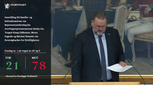 Foto: skjermdump fra Stortingets Nett-TV Votering. Første visepresident Svein Harberg (H)
