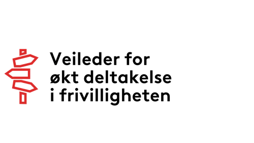 Logo med form som et veiskilt, og skriften "Veileder for økt deltakelse i frivilligheten".