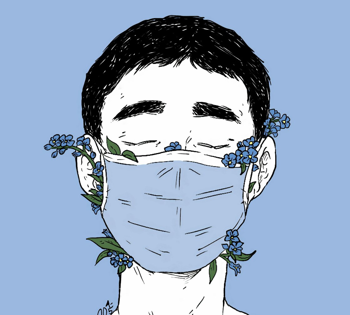 Tegning av mann med munnbind som det stikker blomster ut av